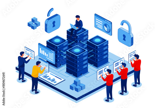 Futuristic isometric scene showing scientists and robots in a high-tech laboratory conducting advanced neuroscience and AI research on a digital brain
