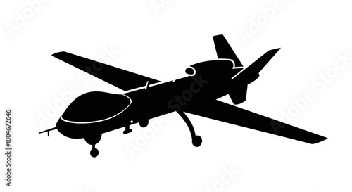 Silhouette of a drone aircraft, showcasing its wings, fuselage, and landing gear against a white background.