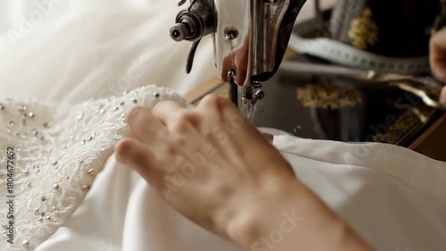 A close-up shot of a sewing machine stitching white fabric and delicate lace, hands guiding the material