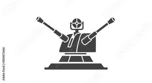 A stylized, dark gray icon of a naval gun turret with two barrels pointing upwards.