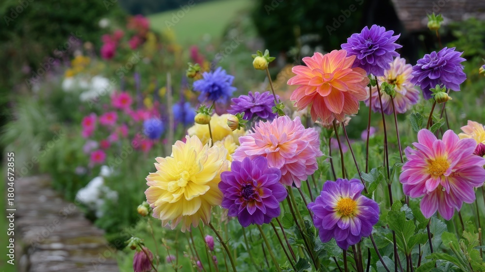 Fototapeta premium Vibrant Garden Display of Colorful Dahlia Flowers in a Lush Landscape with Greenery and Blooming Plants Under a Blue Sky