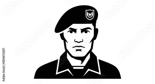 A stern portrait of a soldier in uniform, wearing a beret.