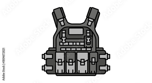 Illustration of a tactical vest with pouches, straps, and a dark gray color scheme.