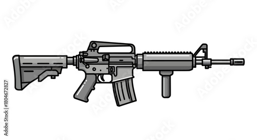 A gray assault rifle with a magazine and a stock, isolated on white.