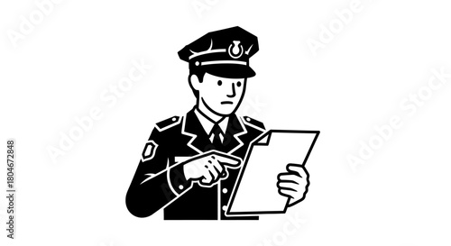A police officer in uniform examines a document, pointing at the paper.
