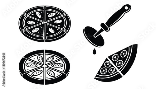 Black and white illustration of pizza slices and a pizza cutter tool