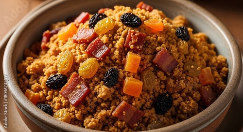 01_Farofa de Natal (Christmas stuffing) texture visible dried fruit and bacon. Rustic bowl.