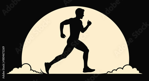 Dynamic Running Man Silhouette Against Bright Sun or Moon Disc