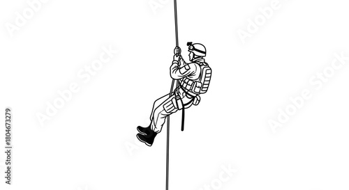 Illustration of a soldier rappelling down a rope, wearing full gear.