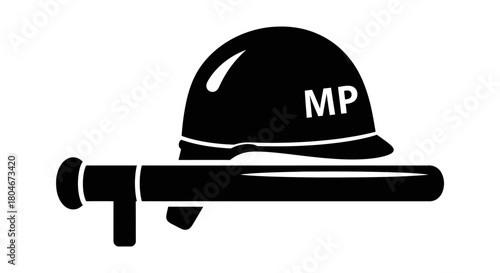 A black and white graphic depicting a military helmet and a baton, symbolizing law enforcement.