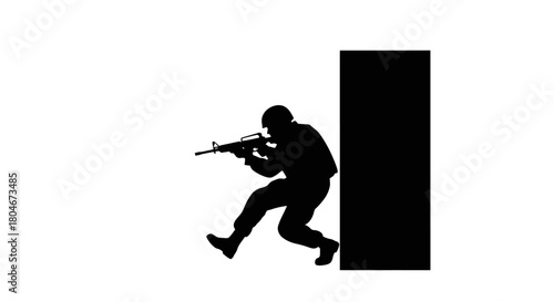 Silhouette of a soldier aiming a weapon, moving around a wall.