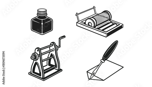 Illustration of art tools including ink bottle and printing equipment