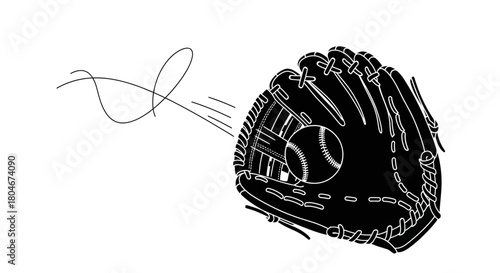 Catch the thrill! Baseball glove snags a fastball with speed lines in striking monochrome, perfect for sports excitement and game day spirit designs