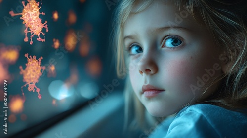 A young child's face is juxtaposed with floating viral structures, creating a poignant image. The depth and contrast evoke feelings of fragility and concern for childrens health issues.