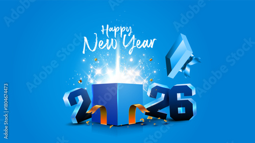 Gift box with Happy New Year 2026 wishing card background design.
