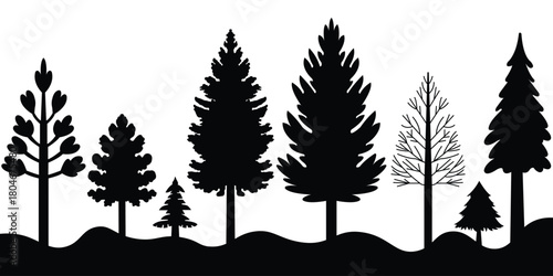 Evergreen Pine tree icon set. Collection of stylized Christmas tree icons Vector set.  winter pine shapes, festive fir icons, nature graphic design elements, holiday decoration. eps 10