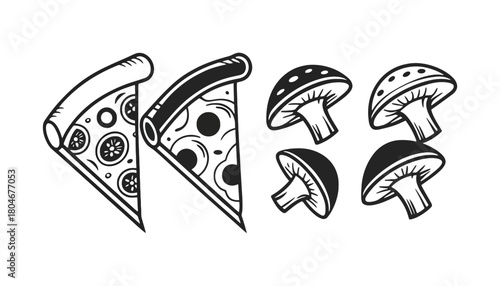 Two pizza slices and three mushrooms in black and white illustration