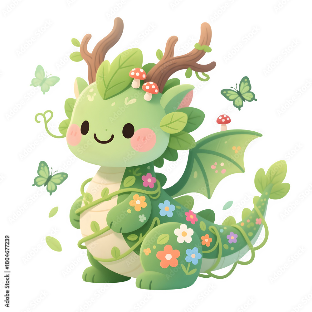 Naklejka premium Cute Forest Dragon with Antlers and Flowers – Kawaii Nature Fantasy Creature, Botanical Cartoon PNG Art
