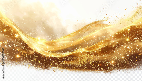 Abstract Golden Swirl with Sparkling Particles and Fluid Motion in Shimmering Artistic Composition