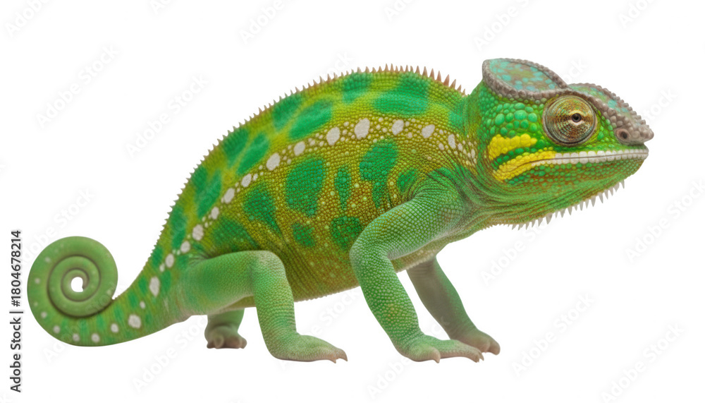 Fototapeta premium Green chameleon isolated on transparent background, a colorful reptile