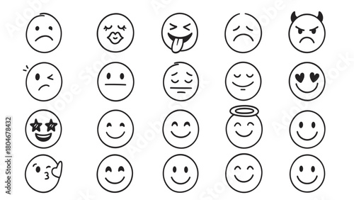 Hand-Drawn Emoji Faces Set — Cute Expressions, Mood and Emotion Icons Vector