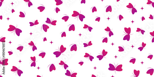 Seamless pattern with cute purple butterflies and stars on a white background. Vector illustration for kids' textile or wallpaper.