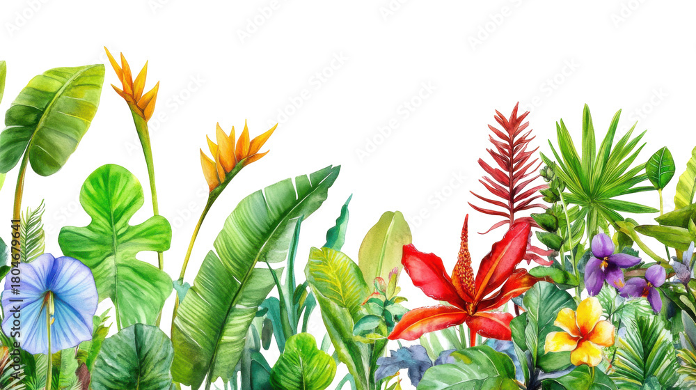 Naklejka premium Tropical botanical flower with leaf plant isolated on white background, PNG transparent clipart.