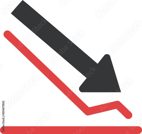 Downward trend arrow and red line graph symbolizing decrease