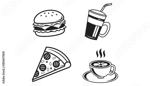 Black and white outline drawings of burger soda pizza and hot drink