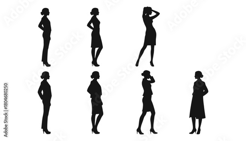Silhouettes of women in various poses against a white background view