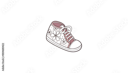 Pink baby shoe with flower design and paw prints illustration
