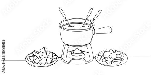 Continuous one line of a chocolate fondue pot with dipping fruits,  representing shared dessert experiences, hand drawn vector illustration.