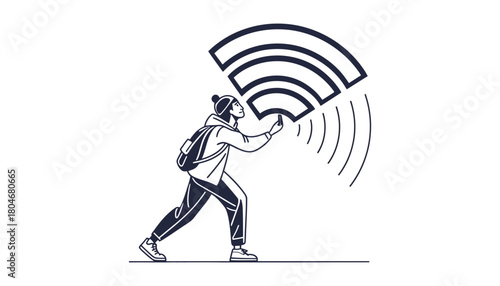 Person with phone and backpack searches for wifi signal illustration