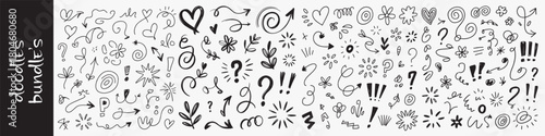 Black Pen Doodles Bundle Set: Hand-Drawn Arrows, Hearts, Flowers, and Question-Exclamation Marks