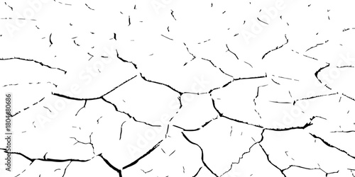 Black and white cracked dry earth texture, drought soil surface pattern, parched land broken ground detail, environmental disaster concept, climate change abstract cracked illustration for design use.