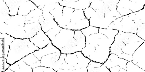 Black and white cracked dry earth texture, drought soil surface pattern, parched land broken ground detail, environmental disaster concept, climate change abstract cracked illustration for design use.