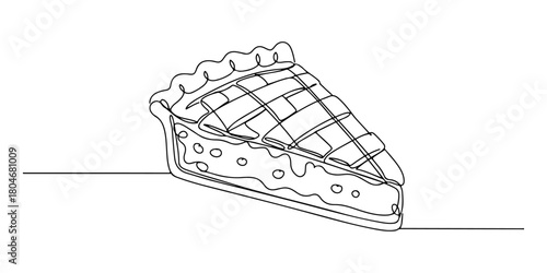 Continuous one line of a slice of pie with a lattice crust, symbolizing home-baked goodness, hand drawn vector illustration.
