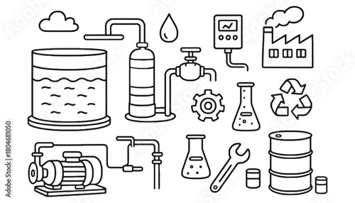 Outline drawing of industrial equipment and processes in black and white