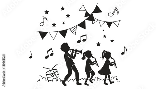 Silhouettes of children playing instruments under party decorations