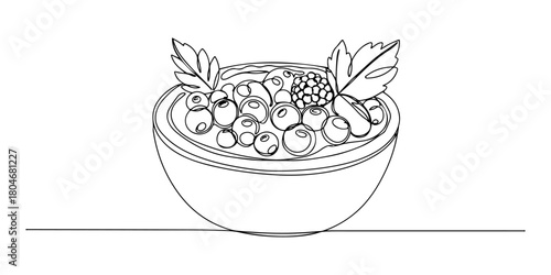 Continuous one line of a bowl of fruit tart with berries and leaves, symbolizing natural sweetness, hand drawn vector illustration.
