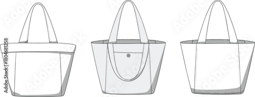 Tote bag technical fashion illustration, CAD design template, sewing pattern, flat vector drawing for accessories manufacturing and product development