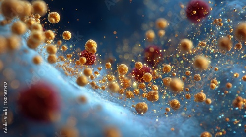 Microscopic cinematic visualization of golden curcumin molecules targeting inflamed sinus cells, red inflammation fading into calm blue and gold tones, bioluminescent healing particles