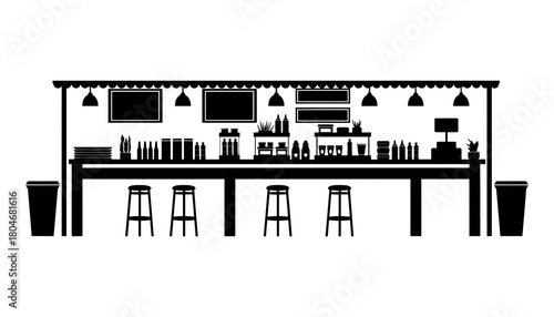 Black and white silhouette of a restaurant bar with stools and items