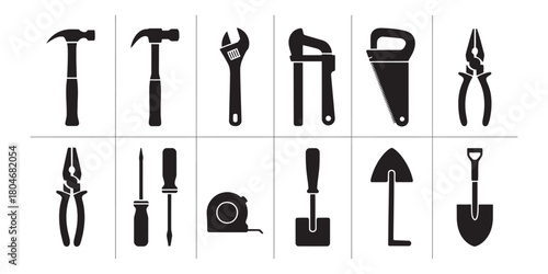 Various essential construction, repair, and gardening hand tools presented as black silhouettes on a clean white background. Vector