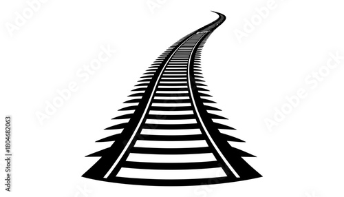 A black and white graphic of railroad tracks curving into the distance