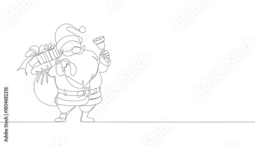 Continuous line drawing of santa claus ringing bell with gift bag full