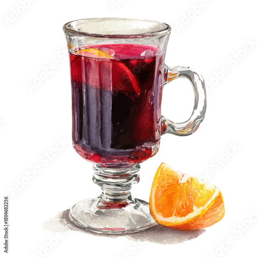 Mulled Wine, watercolor painting, vector illustration, isolated on a white background.