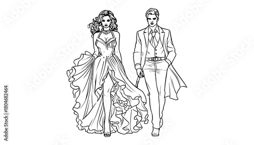 Line art drawing of a man and woman in formal attire walking forward