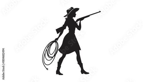 Silhouette of a cowgirl holding a rifle and lasso on a white background