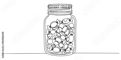 Continuous one line of a candy jar filled with assorted sweets,  representing variety and indulgence, hand drawn vector illustration.